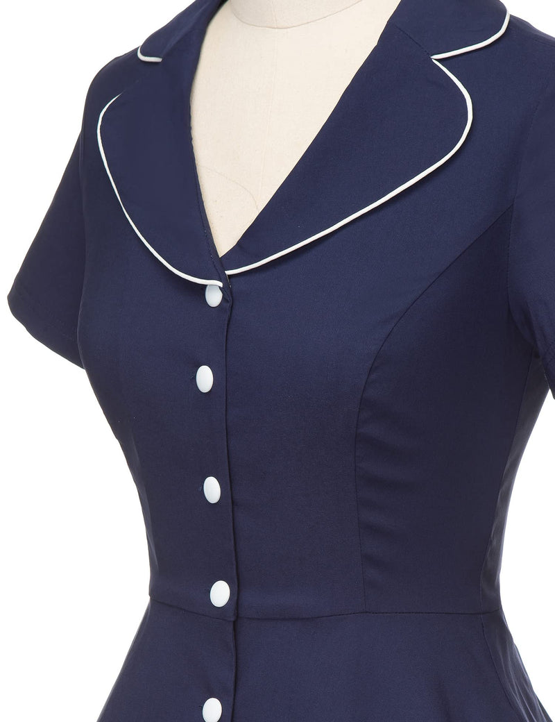 40s 50s Vintage Women`s  Dark Blue Lapel Collar  Vneckline Shirt Dress With Pockets