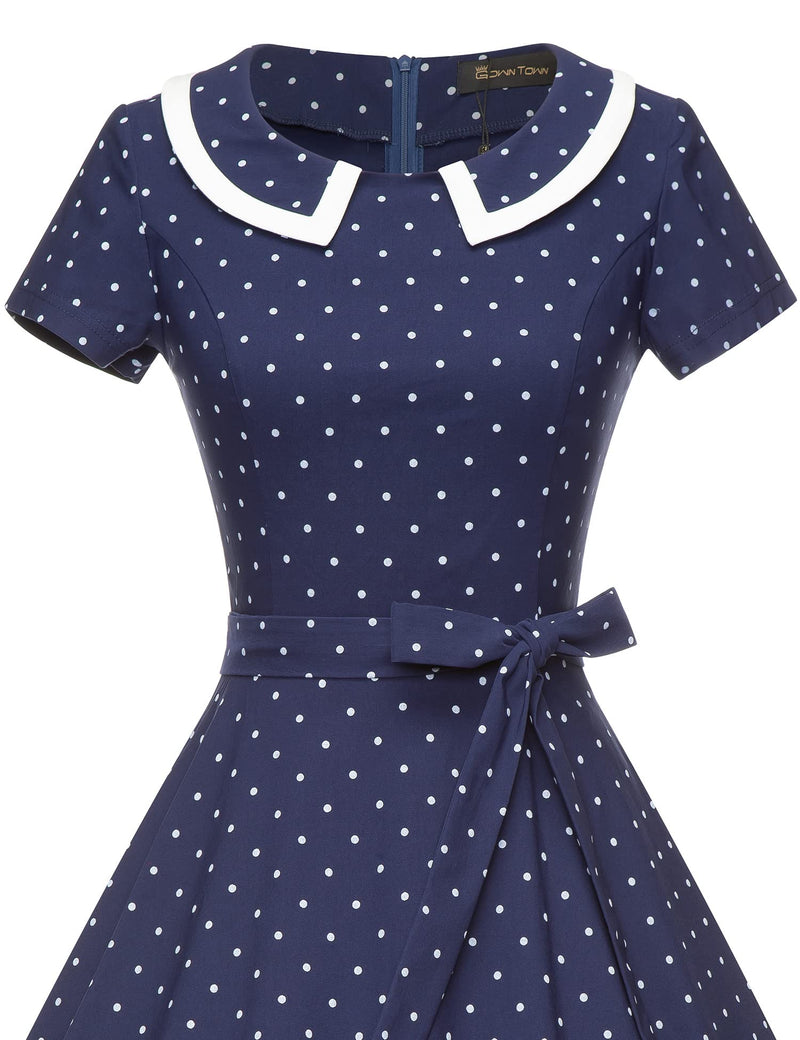 50s Women`s  Darkblue Polka Dot Peter Pan Collar Party Dress With Pockets - Gowntownvintage