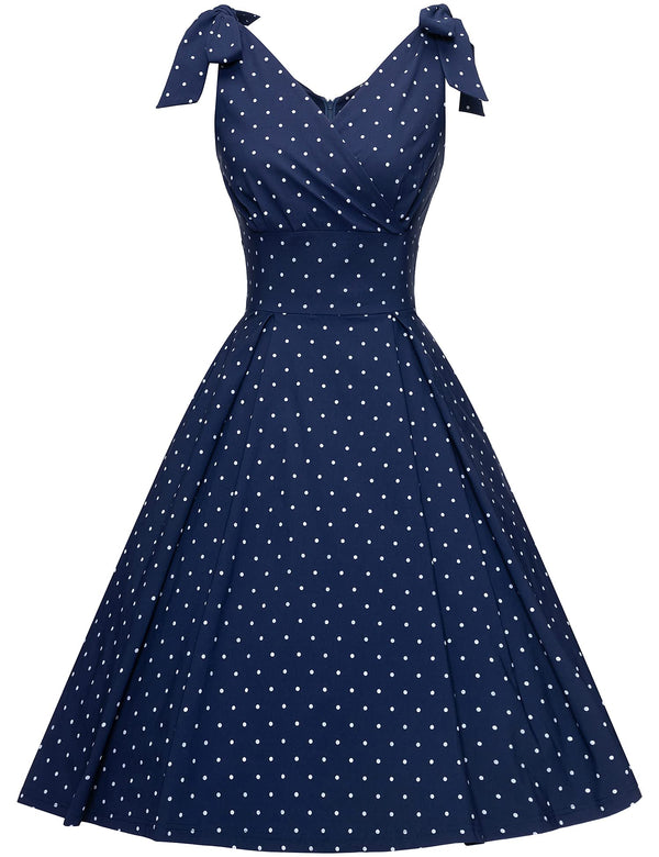Women Swing Dresses 1950s Vintage Puff Sleeve Button Down Polka Dot Flared  Midi Dress Ladies Formal Retro Church Dress