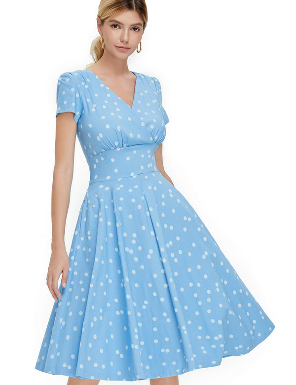 50s  Lightblue Dot  Faux Wrap Top Vneckline Retro Party Swing Dress With Pockets