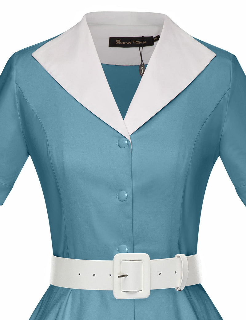 50s Lapel Collar Vneckline Aquablue Shirtwaist Vintage Dress With Belts&Pockets - Gowntownvintage