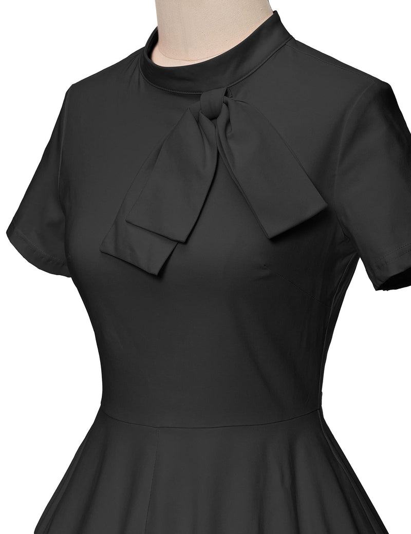 GownTown 50s Black  Retro Stand Collar  With Fixed Bowknot   Retro Rockabilly  Party Swing Dress With Pockets