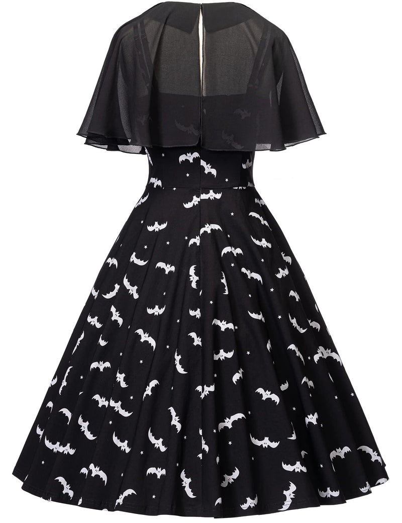 Women`s 1950s  Sweetheart Neckline Gothic Spooky Print  Party Dress With Chiffon Cloak - Gowntownvintage