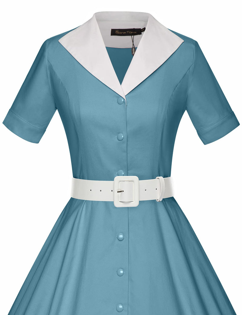 50s Lapel Collar Vneckline Aquablue Shirtwaist Vintage Dress With Belts&Pockets - Gowntownvintage