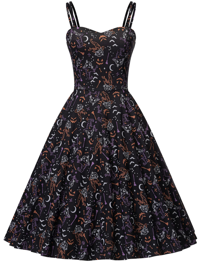 Women`s 1950s  Sweetheart Neckline Gothic Spooky Print  Party Dress With Chiffon Cloak - Gowntownvintage