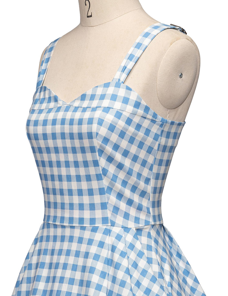 50s Womens Plaid Summer Adjustable Strap Dress With Pockets - Gowntownvintage