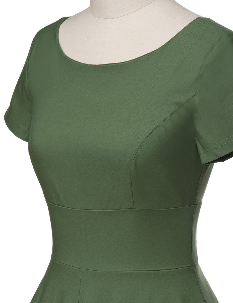 50s Women`s Scoop Collar Armygreen Audrey Hepburn Style Swing Dress With Pockets - Gowntownvintage