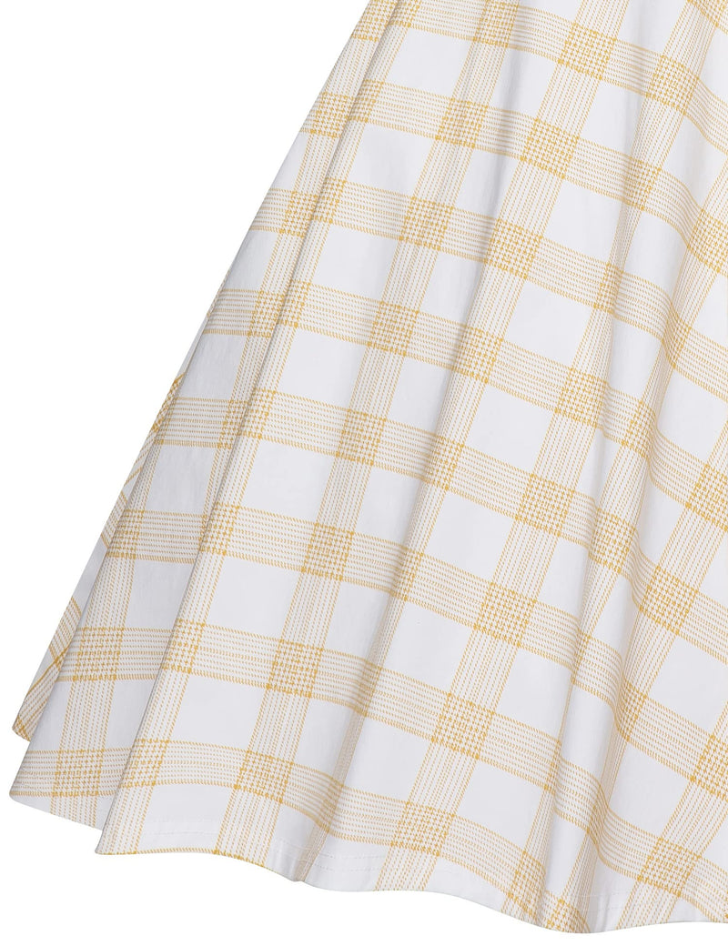 Women`s 50s Bowknot Cape Collar  Yellow Plaid Casual Swing Party Dress With Pockets - Gowntownvintage