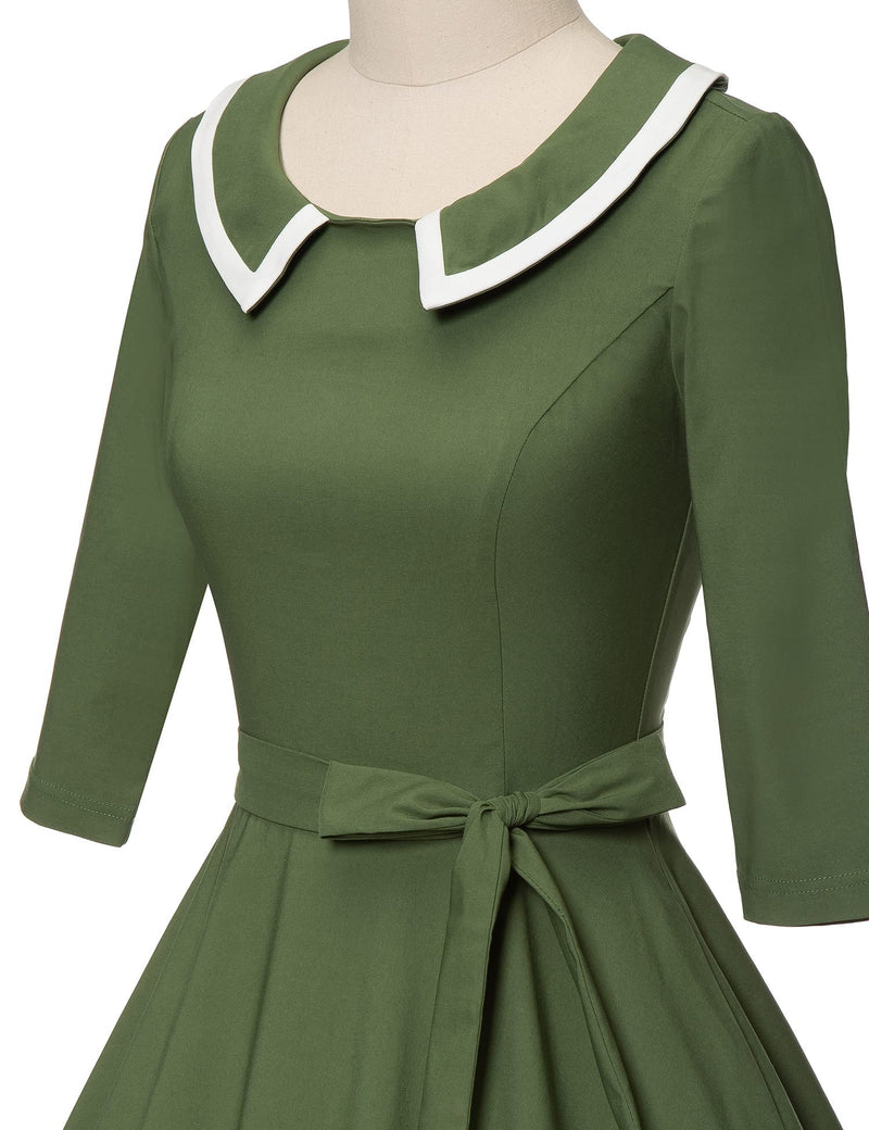 50s Women`s  Armygreen Peter Pan Collar Party Dress With Pockets - Gowntownvintage