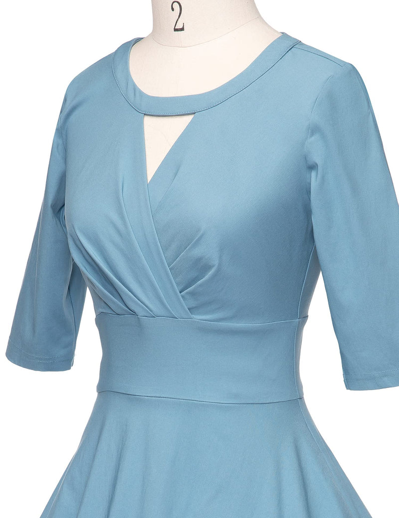 1950s Women`s Long Sleeve  Round Neckline Keyhole Blue Vintage Party Dress - Gowntownvintage