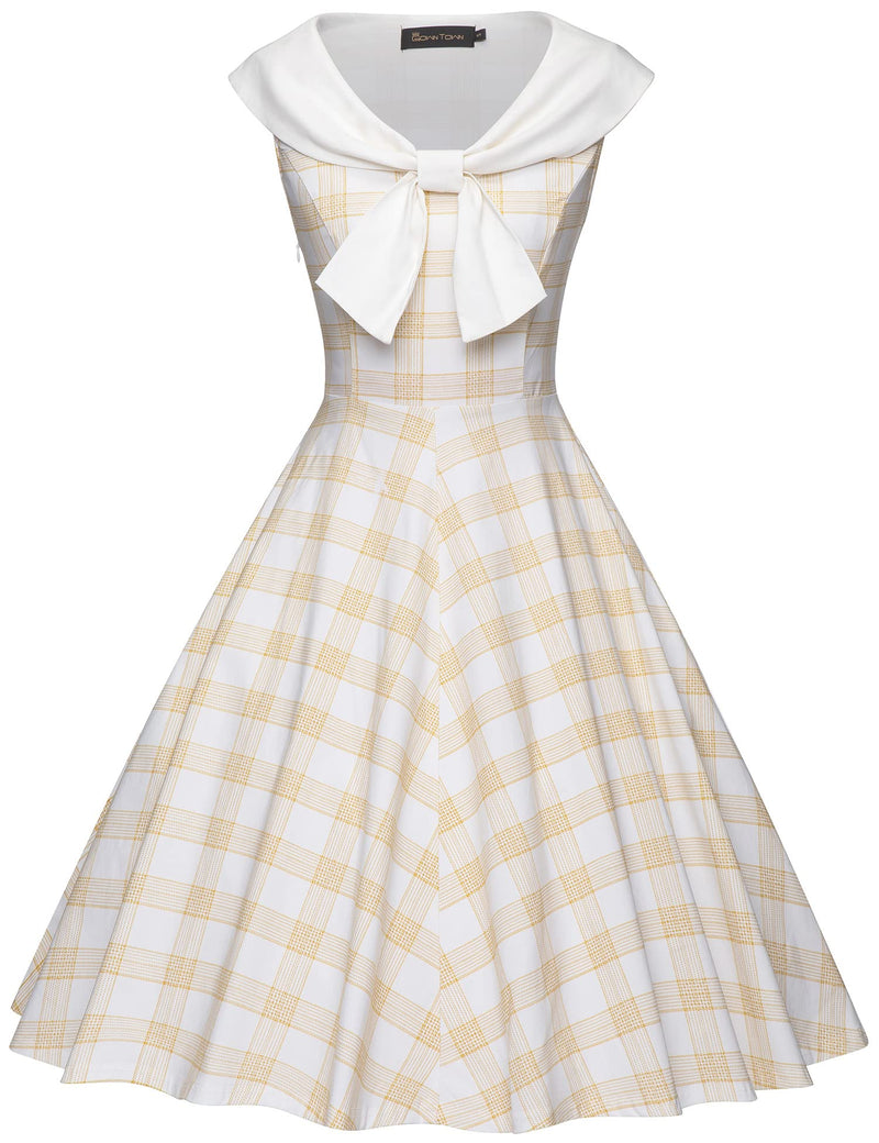 Women`s 50s Bowknot Cape Collar  Yellow Plaid Casual Swing Party Dress With Pockets - Gowntownvintage