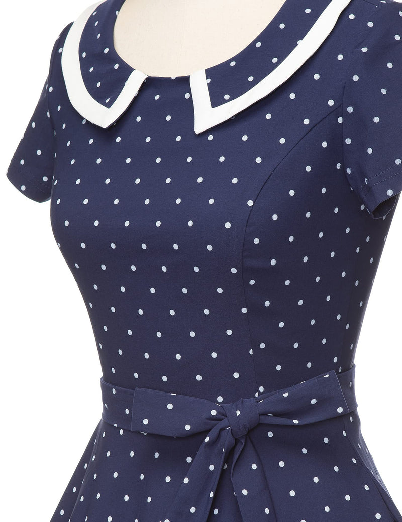 50s Women`s  Darkblue Polka Dot Peter Pan Collar Party Dress With Pockets - Gowntownvintage