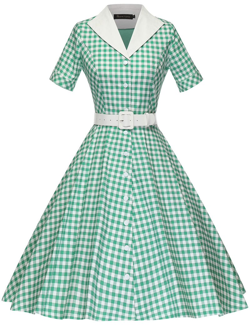 1950s GreenPlaid Lapel Collar Vneckline Shirtwaist Vintage Dress With Belts&Pockets