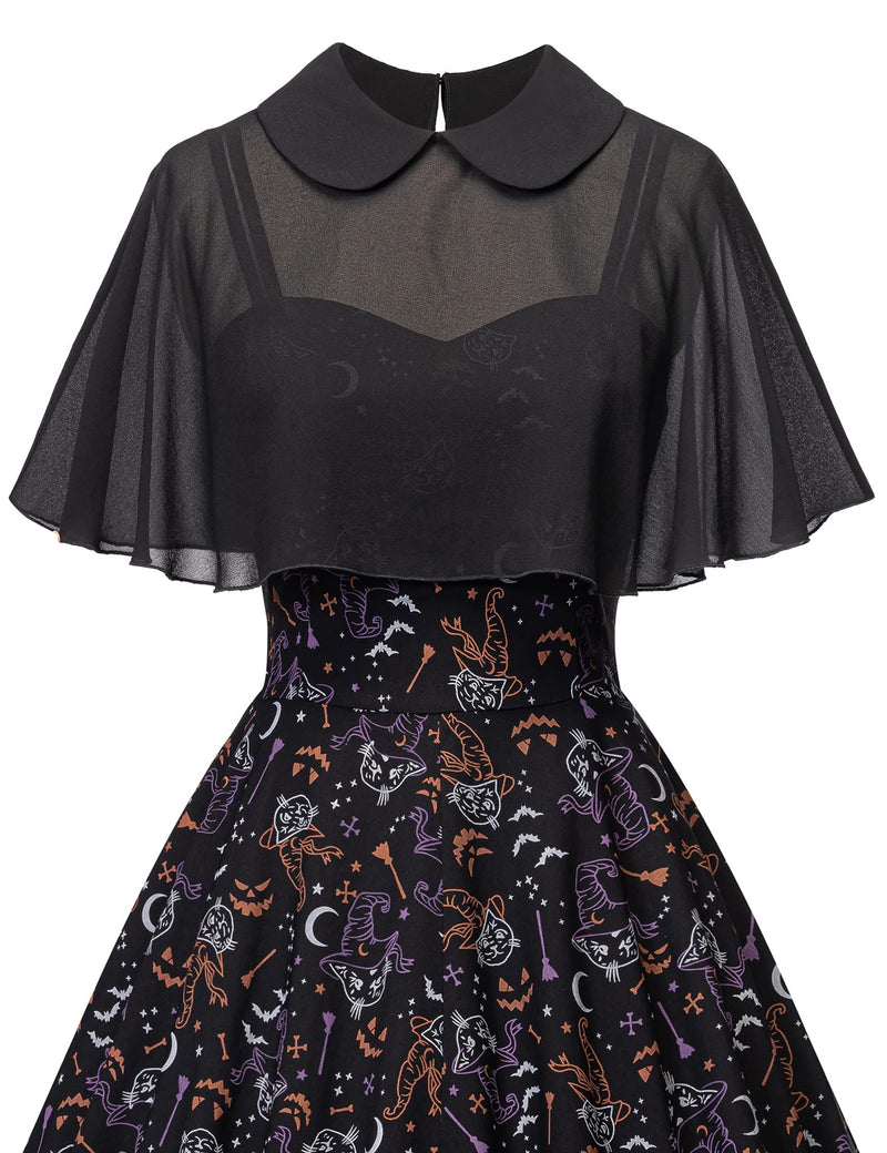 Women`s 1950s  Sweetheart Neckline Gothic Spooky Print  Party Dress With Chiffon Cloak - Gowntownvintage