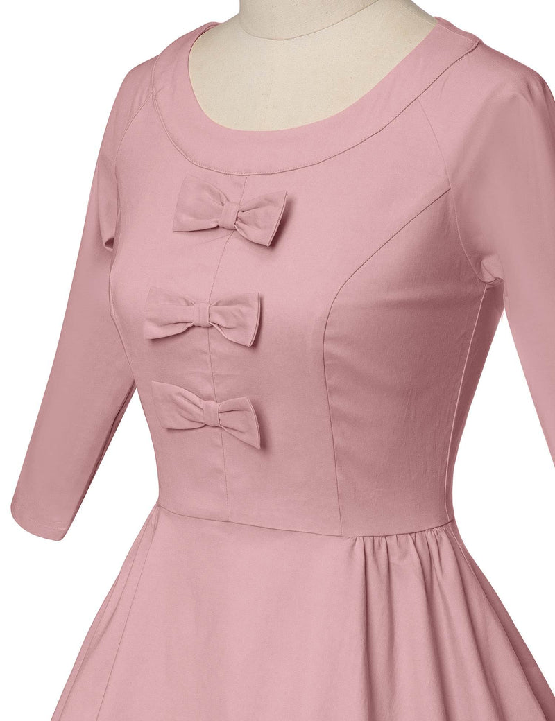 50s Women`s  Pink O neckline Front Bowknot Tie Swing Dress With Pockets - Gowntownvintage