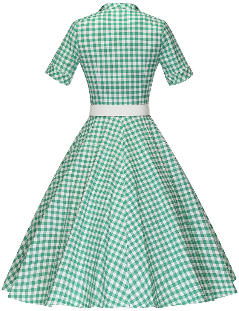 1950s GreenPlaid Lapel Collar Vneckline Shirtwaist Vintage Dress With Belts&Pockets