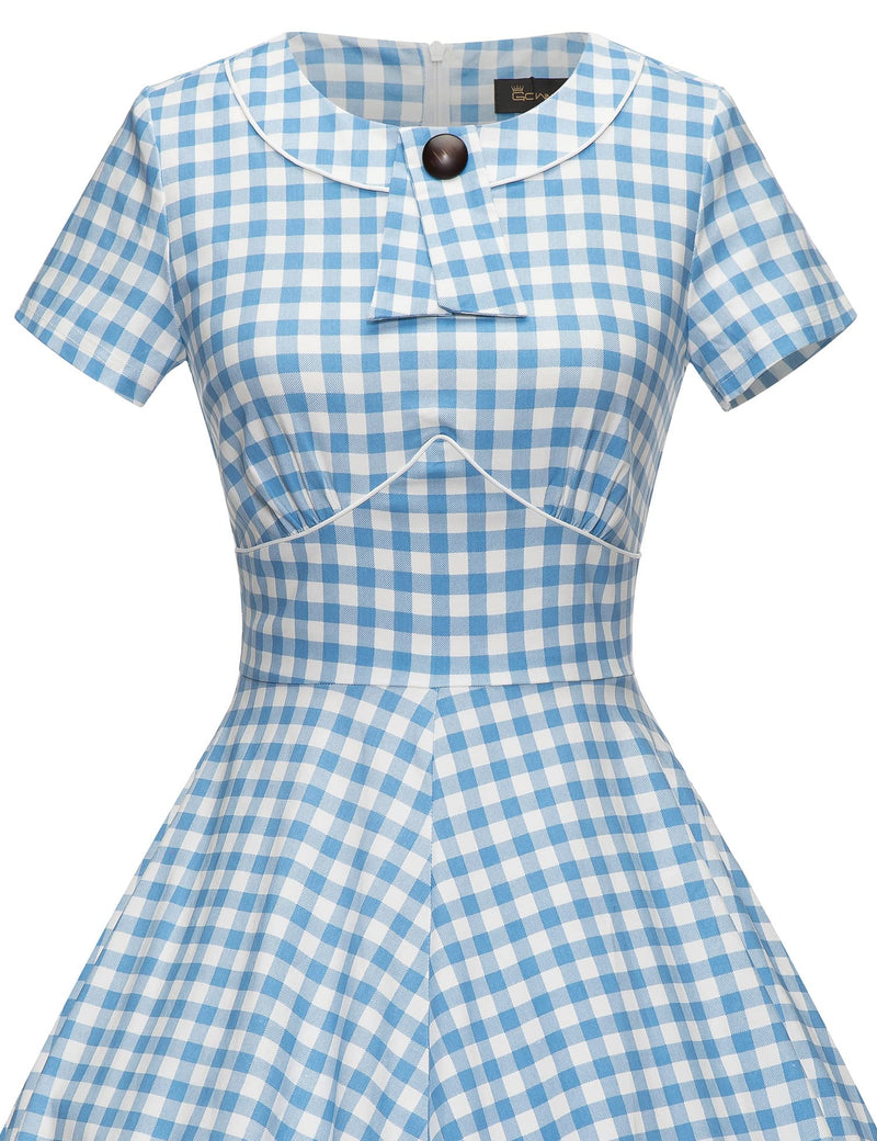 Women`s 50s Lightblue Plaid Inserted V waistline Vintage Party Dress With Pockets - Gowntownvintage