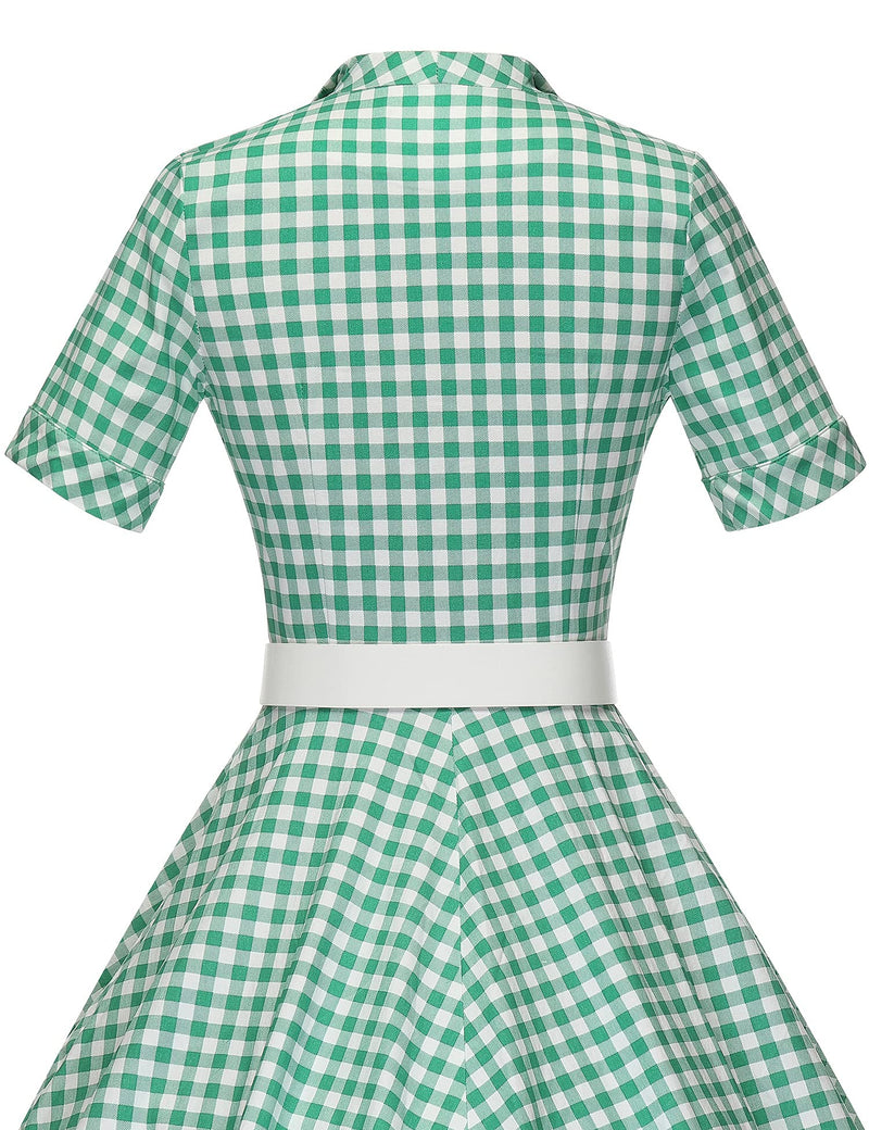 1950s GreenPlaid Lapel Collar Vneckline Shirtwaist Vintage Dress With Belts&Pockets