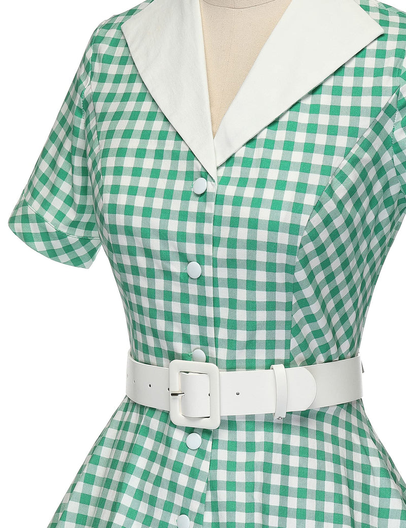 1950s GreenPlaid Lapel Collar Vneckline Shirtwaist Vintage Dress With Belts&Pockets