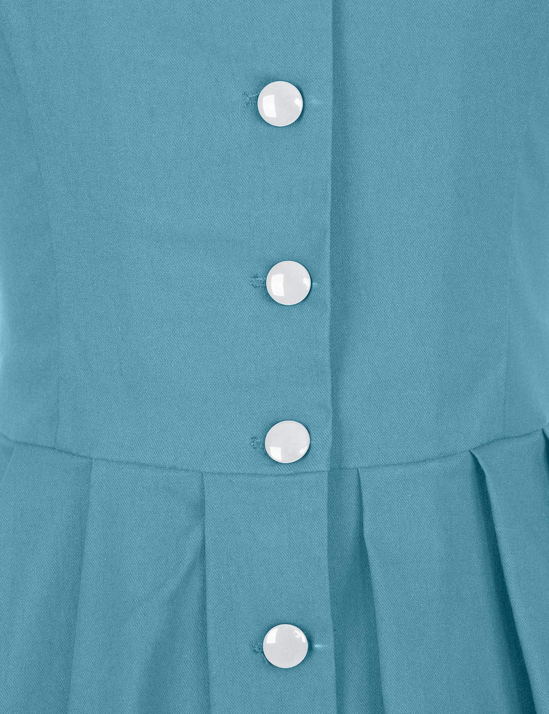 40s 50s Vintage Women`s  Aqua Blue Lapel Collar  Vneckline Shirt Dress With Pockets - Gowntownvintage