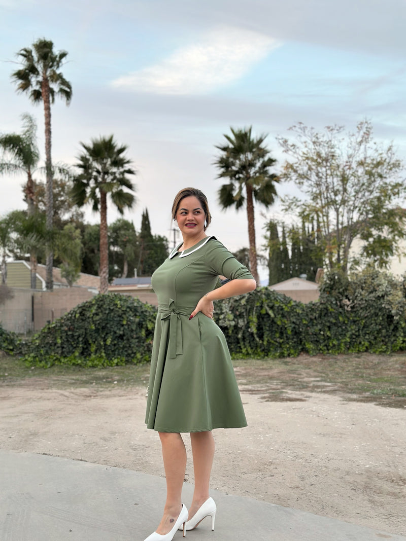 50s Women`s  Armygreen Peter Pan Collar Party Dress With Pockets - Gowntownvintage