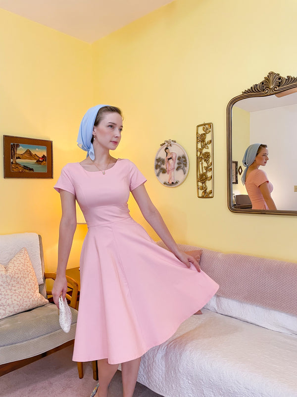 50s Women`s Scoop Collar Audrey Hepburn Style Pink Swing Dress With Pockets - Gowntownvintage