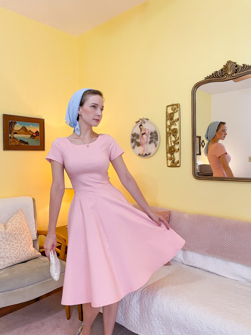 50s Women s Scoop Collar Audrey Hepburn Style Pink Swing Dress With Pockets Gowntownvintage