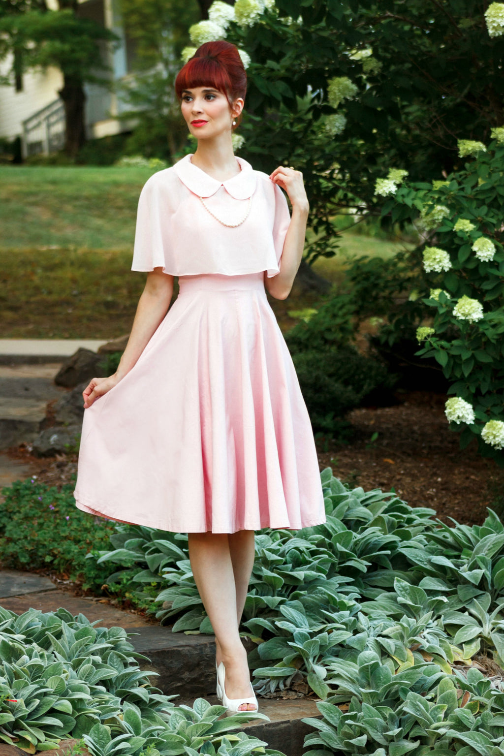 Womens 1950s Pink Sweetheart Neckline Strap Dress With One Chiffon Cloak