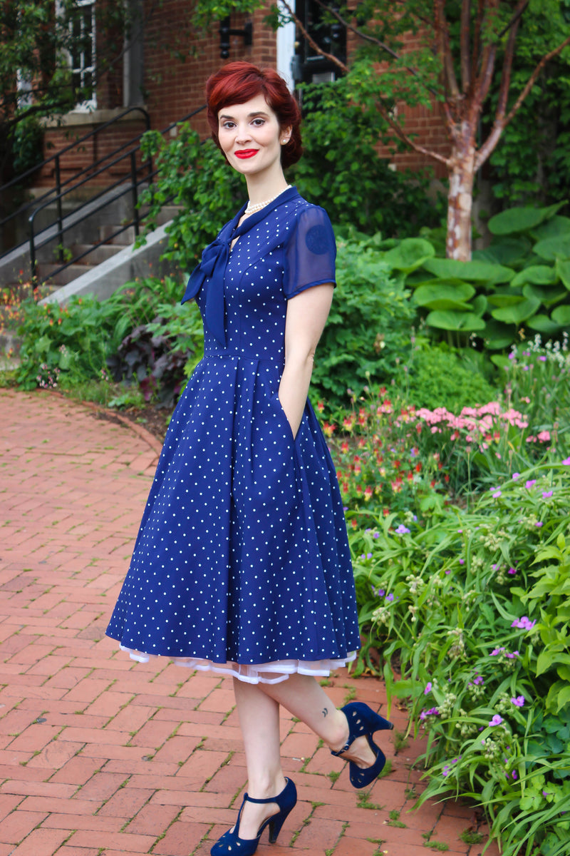 Women`s 1950s Darkblue Dot  Chiffon Short sleeve Fit&Flare Dress With Pockets