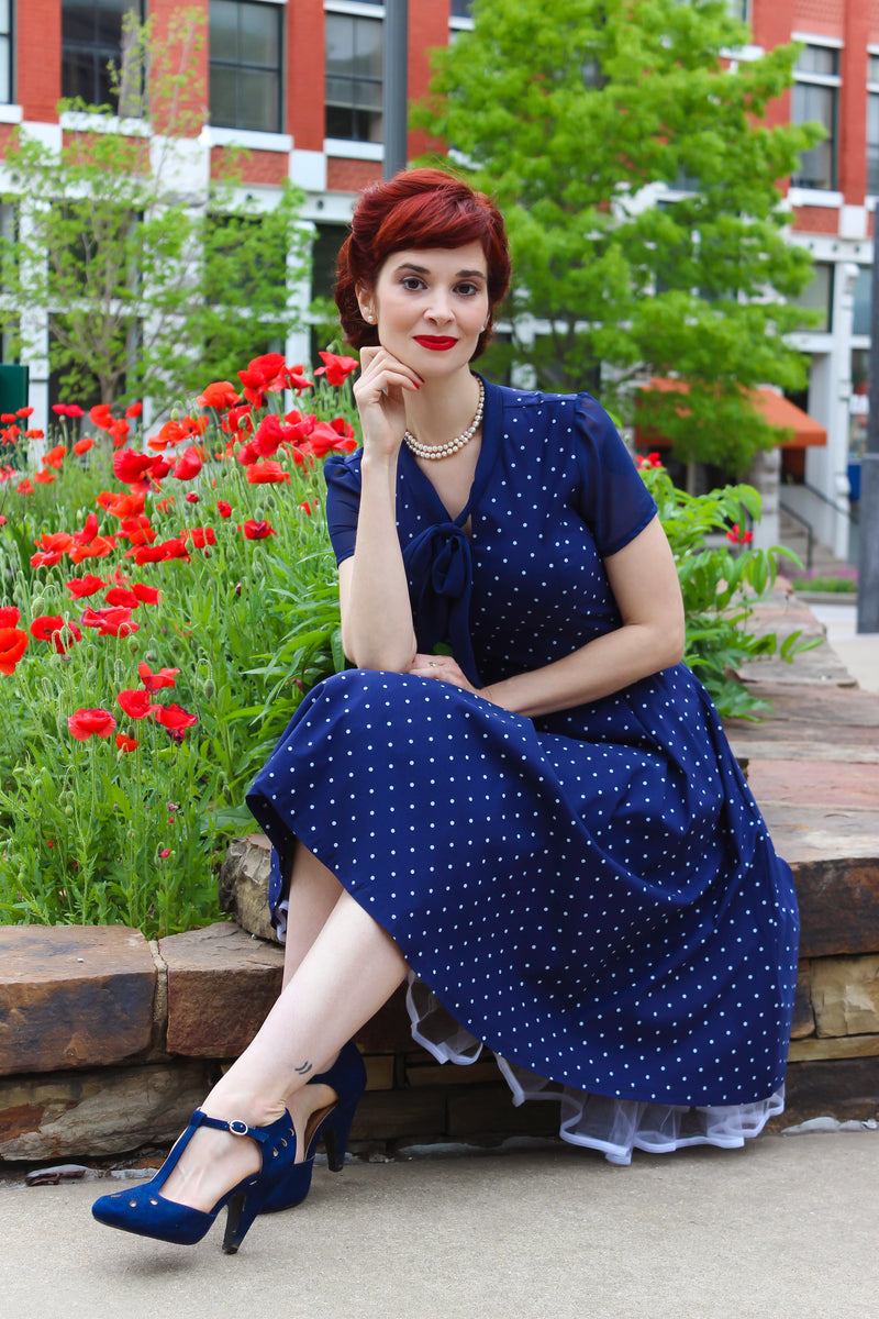 Women`s 1950s Darkblue Dot  Chiffon Short sleeve Fit&Flare Dress With Pockets