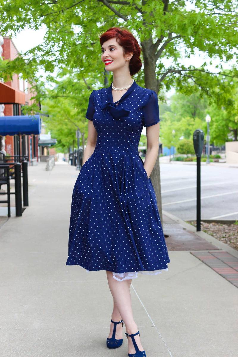 Women`s 1950s Darkblue Dot  Chiffon Short sleeve Fit&Flare Dress With Pockets