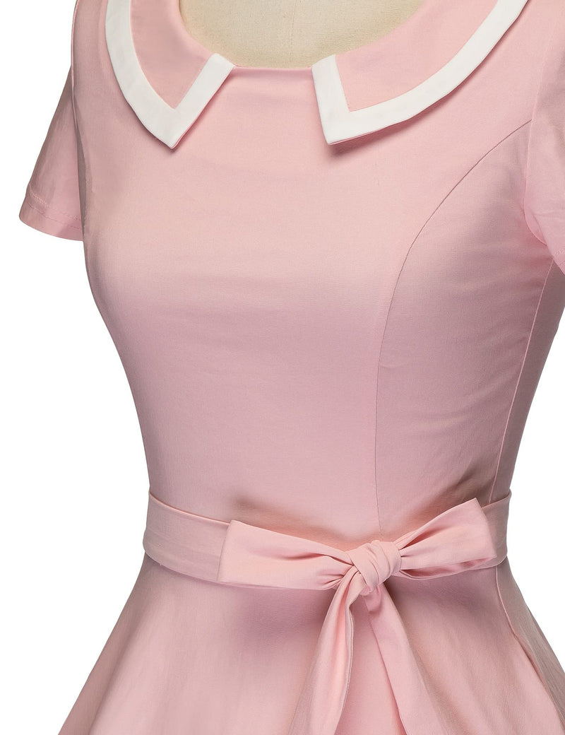 Women`s 1950s Vintage Pink Peter Pan Collar Swing Dress With Pockets