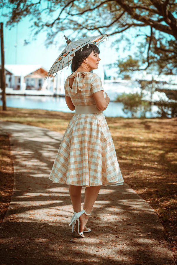 1950s  Yellowplaid Retro Rockabilly  Party Swing Dress With Pockets - Gowntownvintage