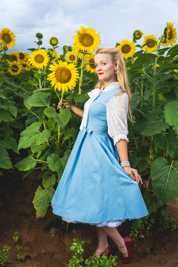 Women`s 50s  Chiffon Long sleeve Fit&Flare Lightblue Swing Dress With Pockets - Gowntownvintage