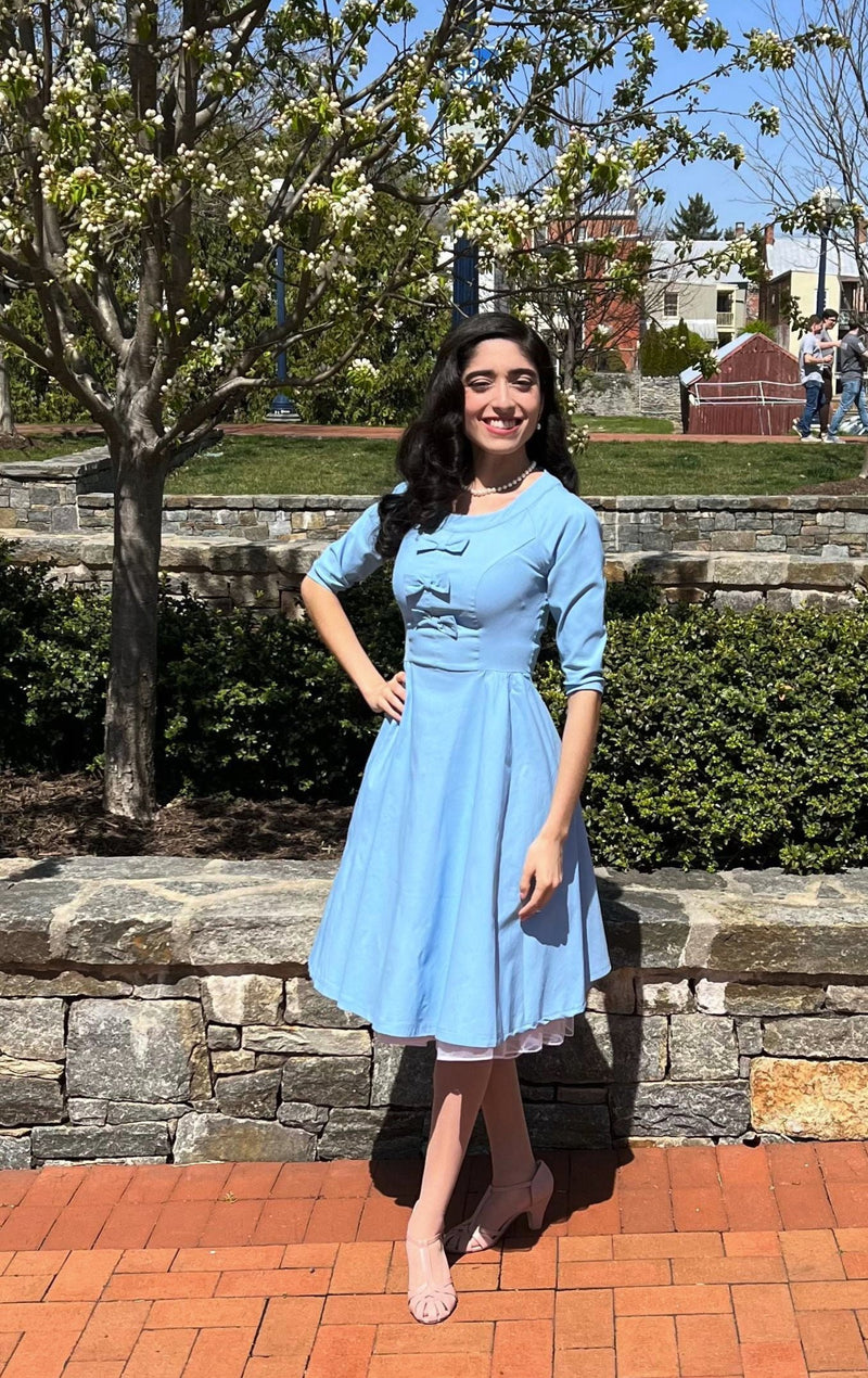 50s Women`s  Lightblue O neckline Front Bowknot Tie Swing Dress With Pockets