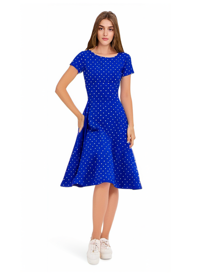 50s Women`s Scoop Collar Audrey Hepburn Style Royal Blue With White Dot Swing Dress With Pockets