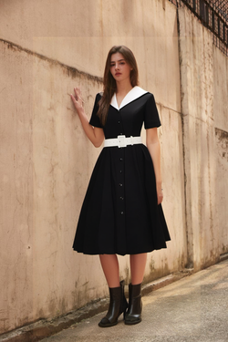 50s Lapel Collar Vneckline  Black Shirtwaist Vintage Dress With Belts&Pockets