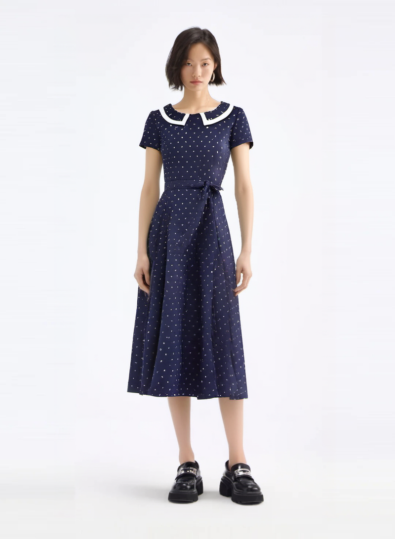 50s Women`s  Darkblue Polka Dot Peter Pan Collar Party Dress With Pockets