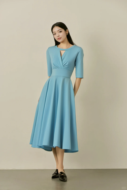 1950s Women`s Long Sleeve  Round Neckline Keyhole Blue Vintage Party Dress