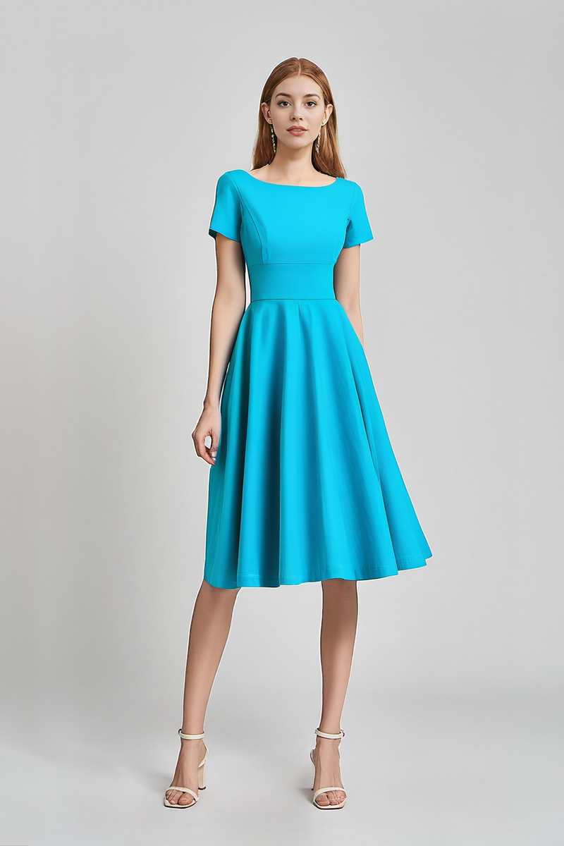 50s Women`s Scoop Collar Skyblue  Dress With Pockets