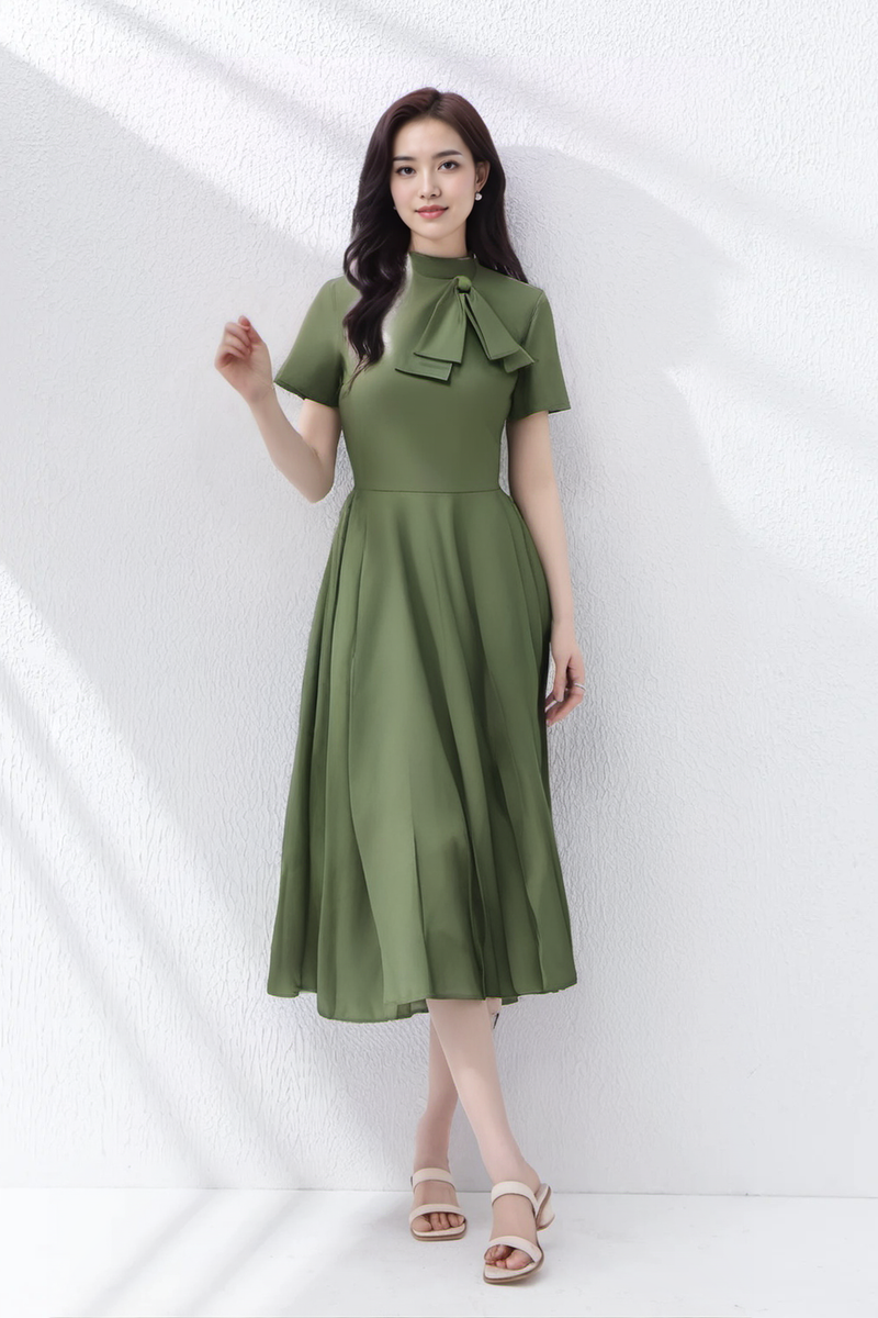 50s Vintage Women`s Armygreen High Neck  Party Dress With Pockets