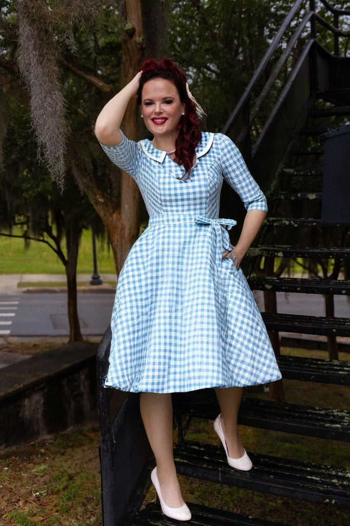 50s Women`s  Lightblue Plaid  Polka Dot Peter Pan Collar Party Dress With Pockets