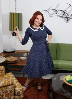 50s Women`s  Darkblue Polka Dot Peter Pan Collar Party Dress With Pockets