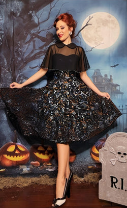 Women`s 1950s  Sweetheart Neckline Gothic Spooky Print  Party Dress With Chiffon Cloak