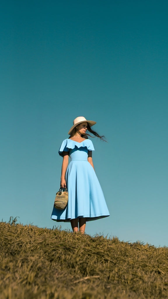 1950s  Lightblue Retro Ruffle Collar Swing Dress With Pockets