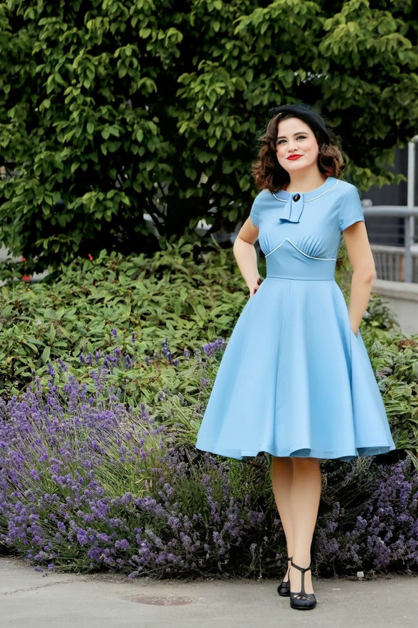 Women`s 50s Lightblue Inserted V waistline Vintage Party Dress With Pockets