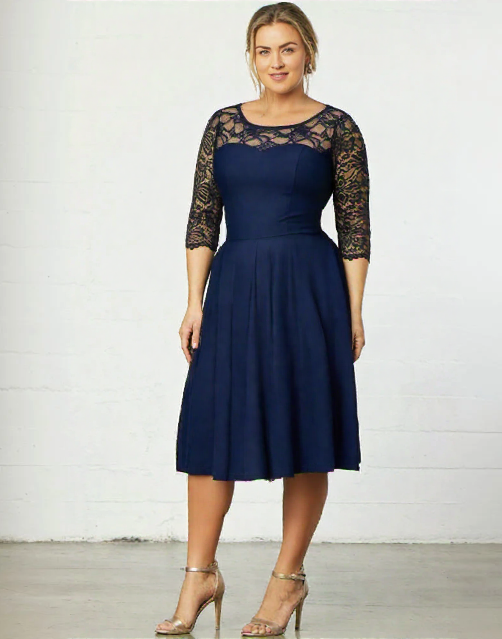 50s Darkblue Semi-transparent Lace Top  Long Sleeve Party Swing Dress With Pockets