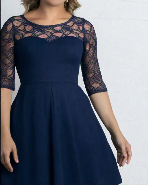 50s Darkblue Semi-transparent Lace Top  Long Sleeve Party Swing Dress With Pockets