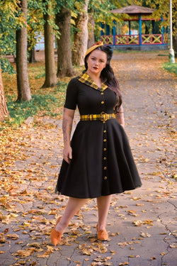 50s Lapel Collar Vneckline Yellowplaid  Collar Shirtwaist Vintage Dress With Belts&Pockets